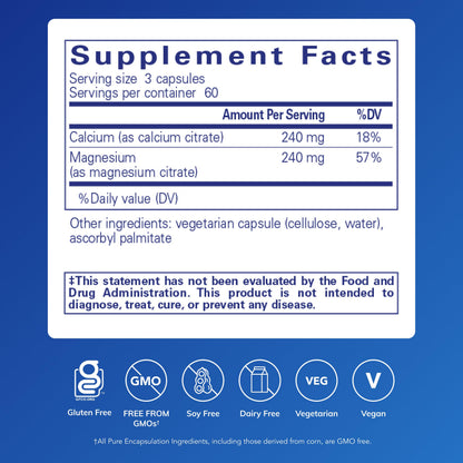 Pure Encapsulations hypoallergenic calcium magnesium supplement facts label showing ingredient dosages