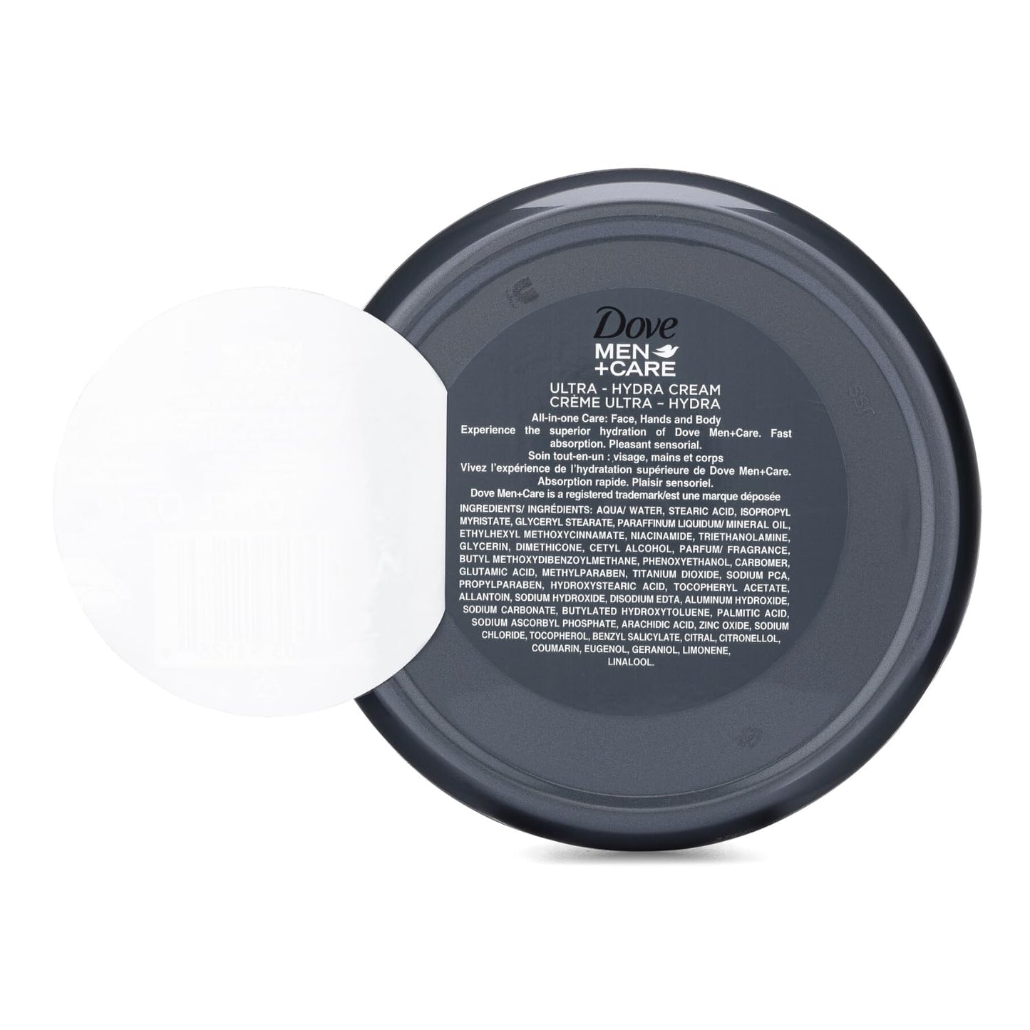 Dove Men Care Ultra Hydra face hands and body cream packaging details and hydration benefits.
