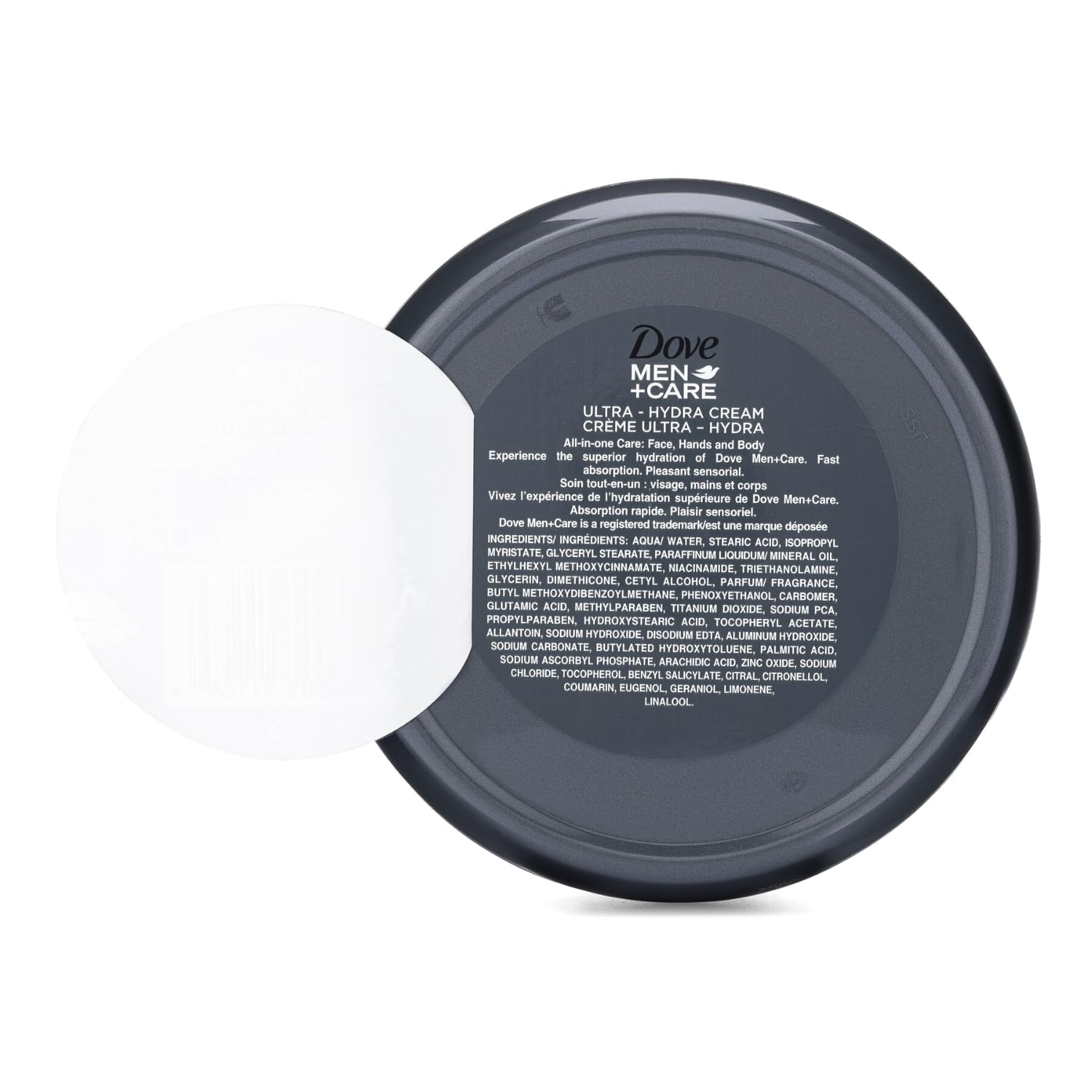 Dove Men Care Ultra Hydra face hands and body cream packaging details and hydration benefits.