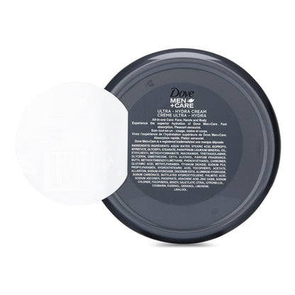 Dove Men Care Ultra Hydra face hands and body cream packaging details and hydration benefits.