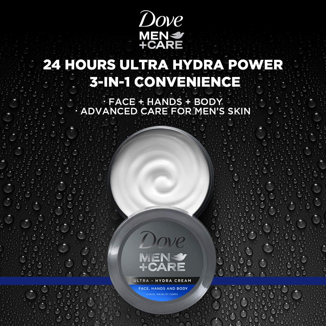 Dove Men Care Ultra Hydra moisturizer side angle highlighting travel friendly container size.
