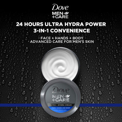 Dove Men Care Ultra Hydra moisturizer side angle highlighting travel friendly container size.