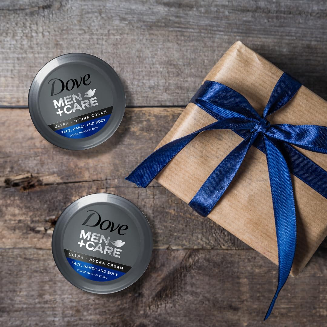 Back label of Dove Men Care Ultra Hydra Cream displaying product application guidelines.