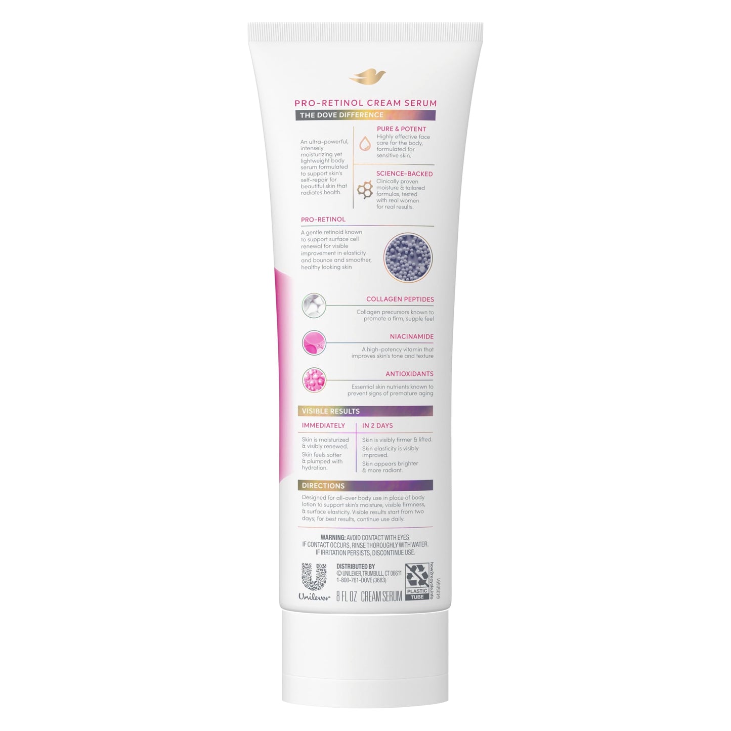 Dove body lotion for elasticity and firmness with collagen peptides packaging back details