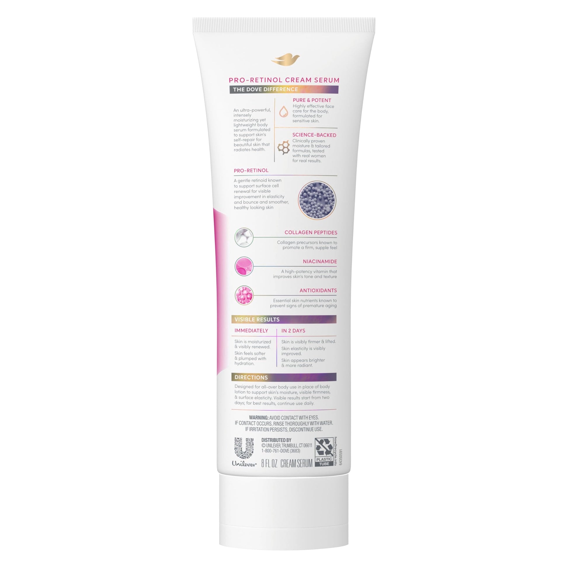 Dove body lotion for elasticity and firmness with collagen peptides packaging back details