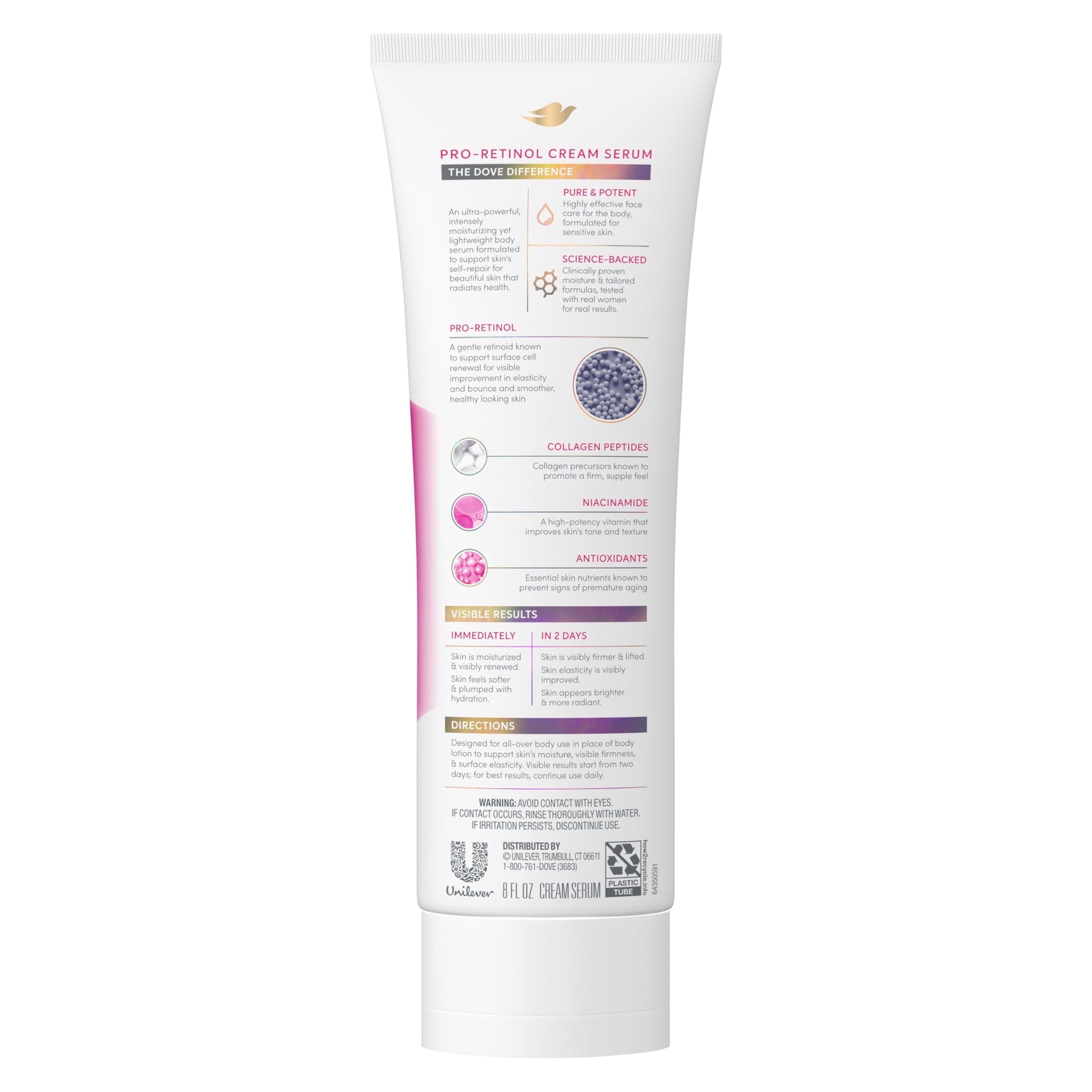 Dove body lotion for elasticity and firmness with collagen peptides packaging back details