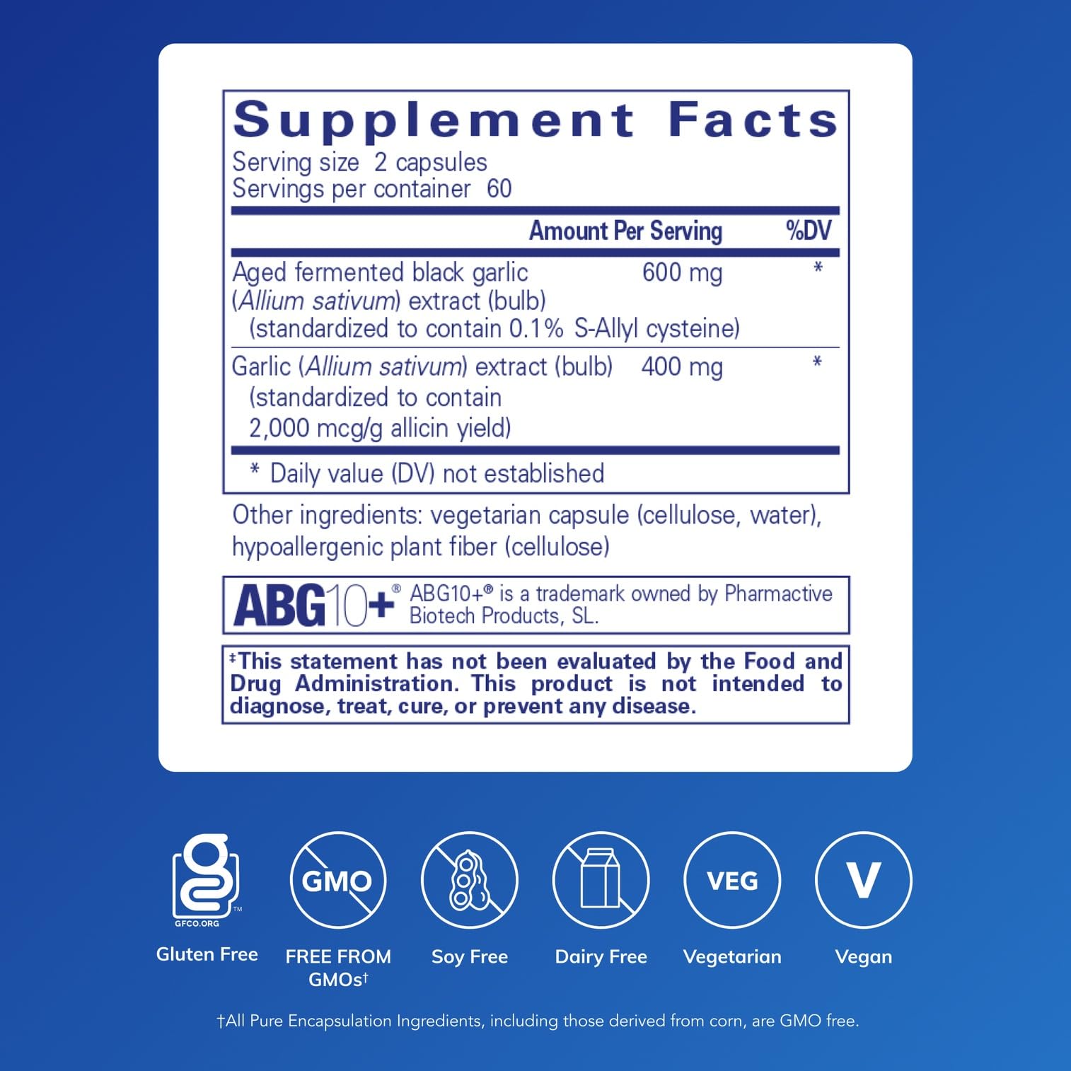 Aged fermented black garlic supplement by Pure Encapsulations for immune support tracking side label info