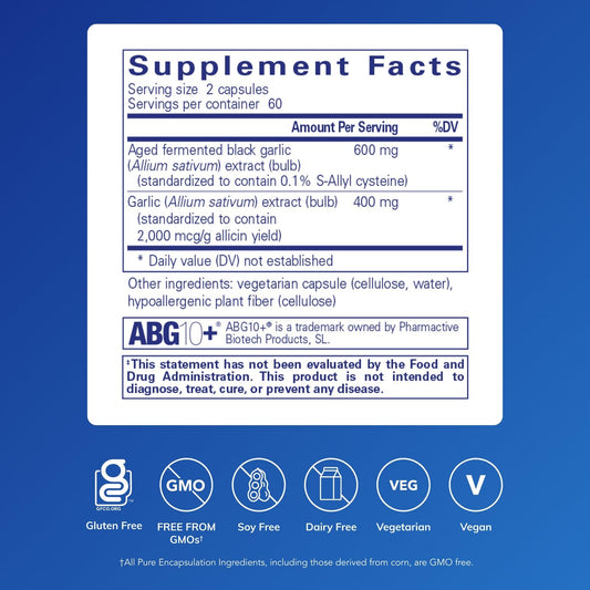 Aged fermented black garlic supplement by Pure Encapsulations for immune support tracking side label info
