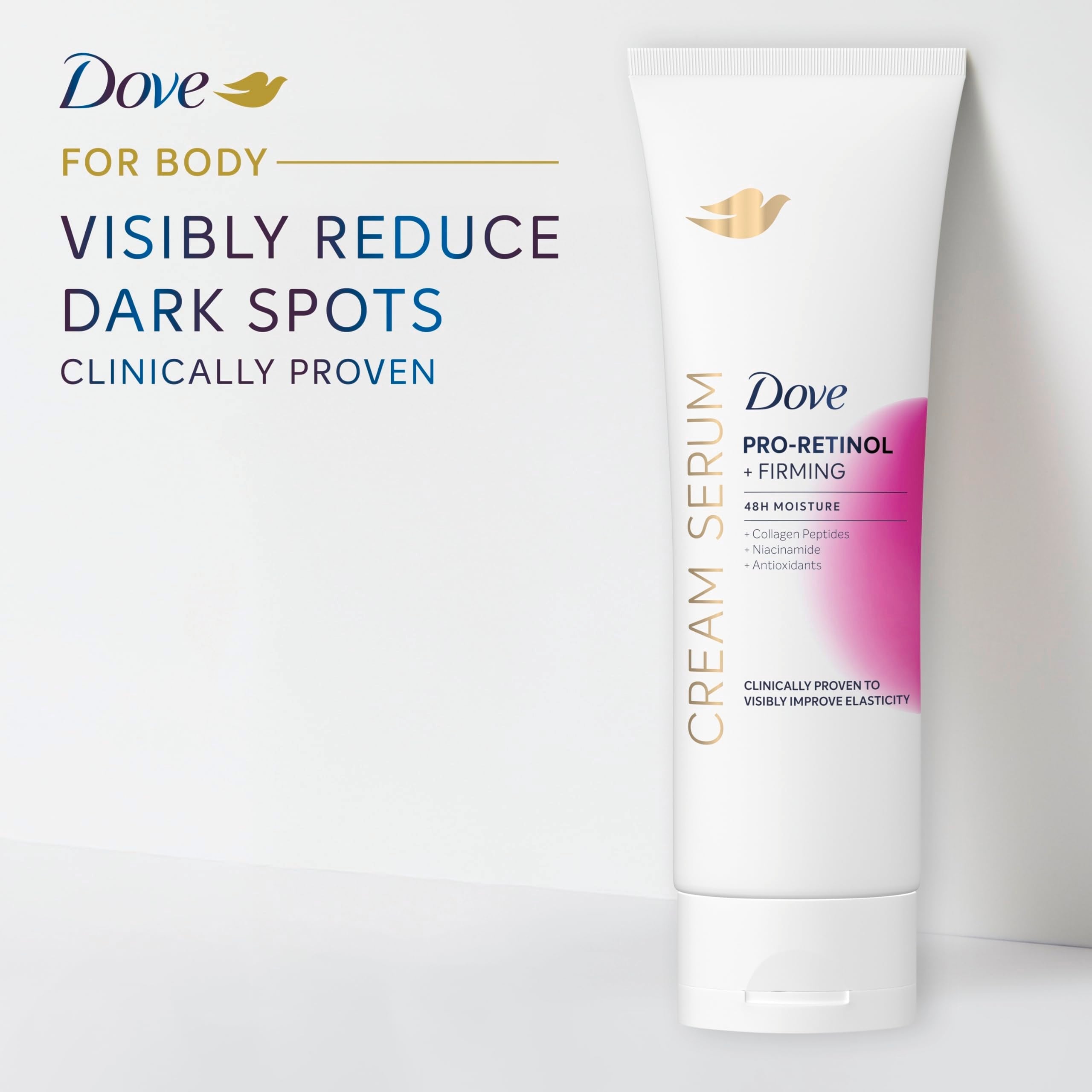 USA sourced Dove pro retinol and firming serum lotion bottle side view