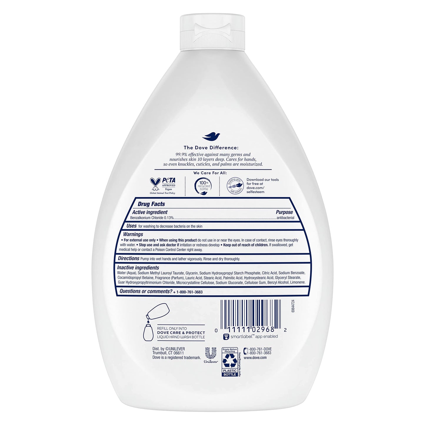 Dove USA imported liquid hand soap showing thirty four ounce refill sizing