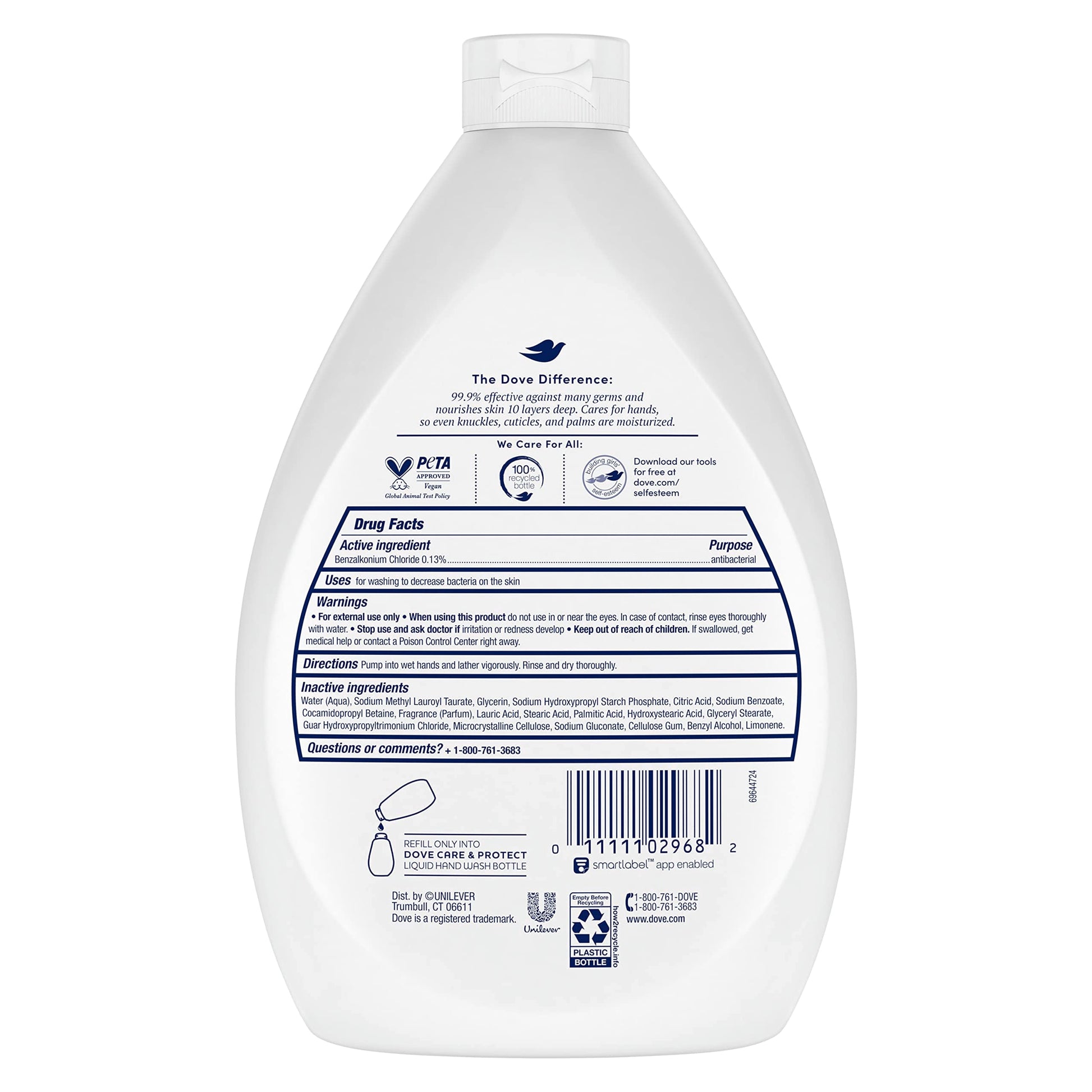 Dove USA imported liquid hand soap showing thirty four ounce refill sizing