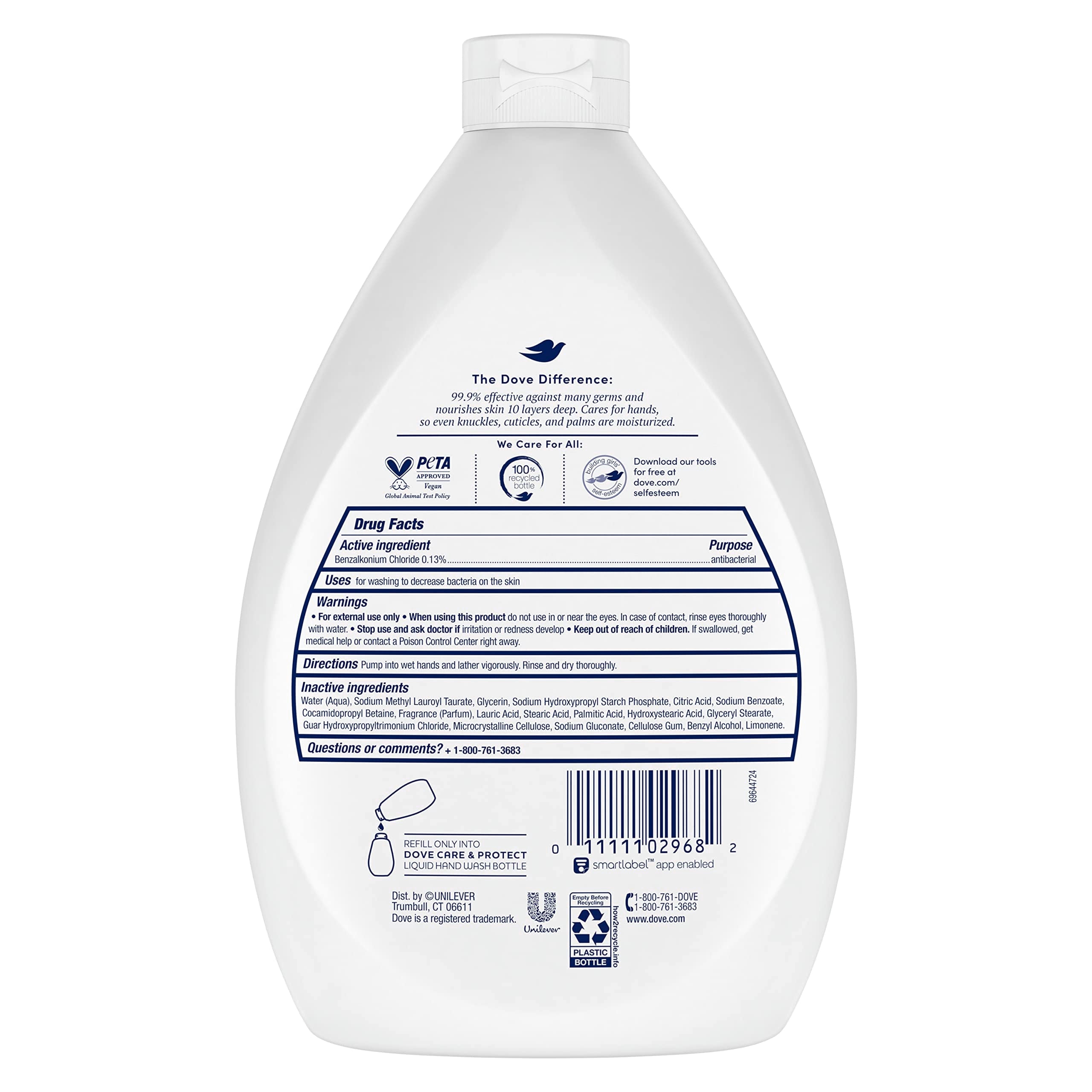 Dove USA imported liquid hand soap showing thirty four ounce refill sizing