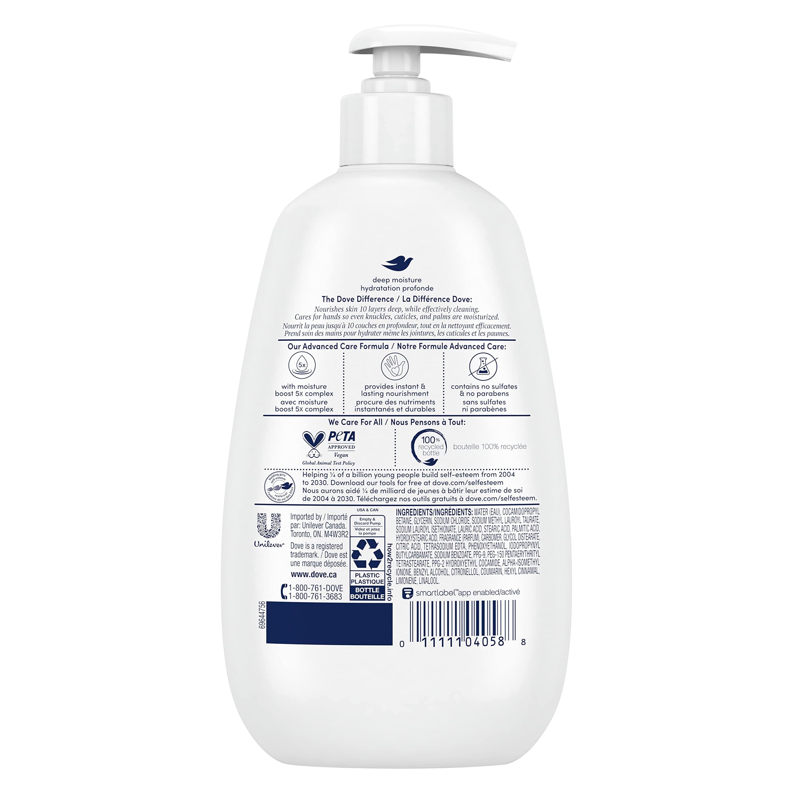 Close up of Dove Advanced Care moisturizing hand wash bottle