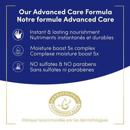 Back label of Dove Advanced Care hand wash showing ingredients