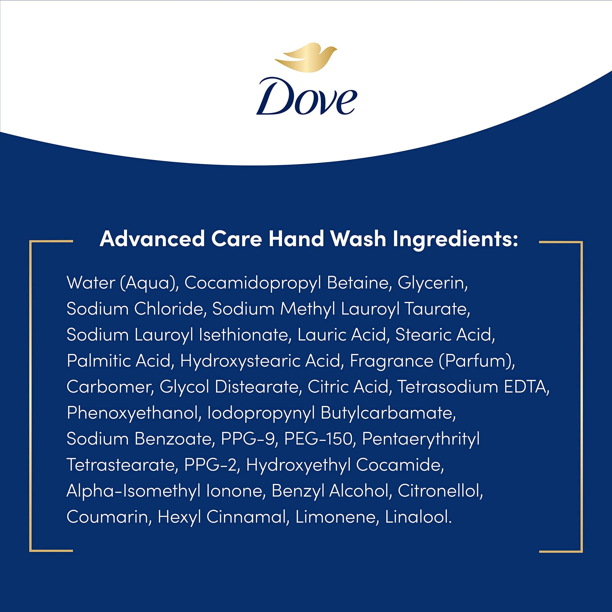 Group shot of four Dove hand wash bottles in packaging