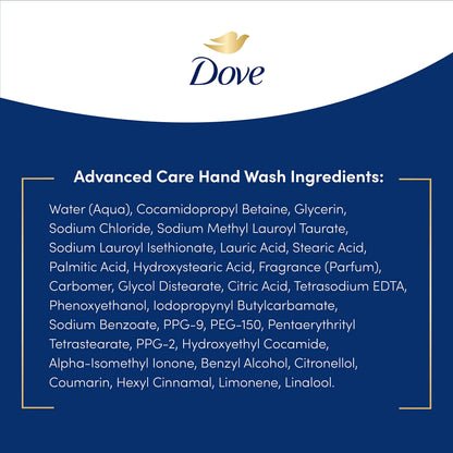 Group shot of four Dove hand wash bottles in packaging