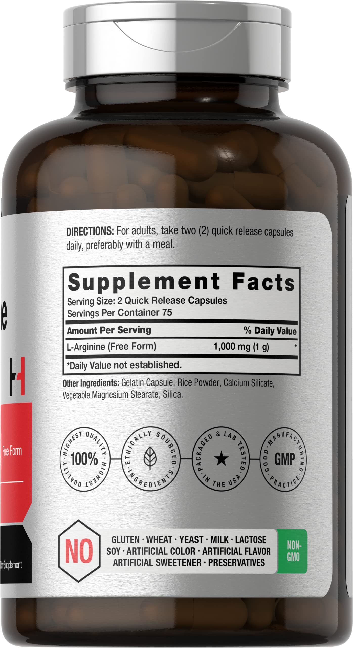 Horbäach L Arginine supplement nutrition facts panel and free form ingredient list