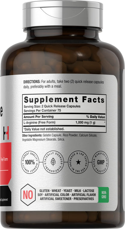 Horbäach L Arginine supplement nutrition facts panel and free form ingredient list