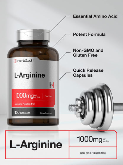 Horbäach L Arginine quick release capsules displayed next to the supplement bottle