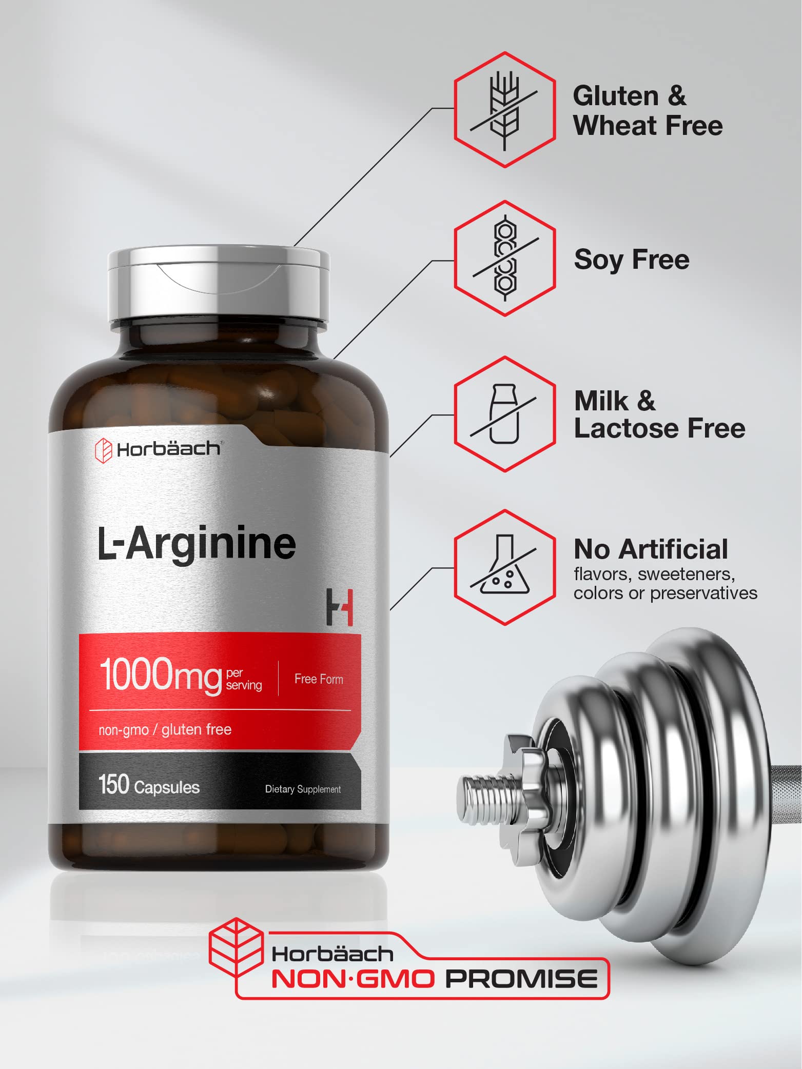 Horbäach amino acid supplement packaging highlighting non GMO and gluten free seals