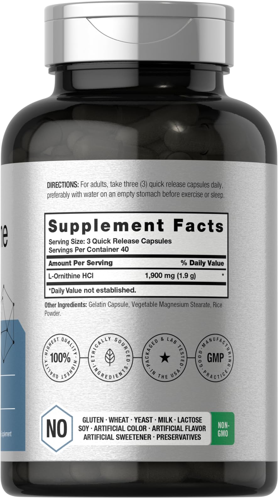 Horbäach L Ornithine capsules supplement facts label showing ingredients and 1900 milligrams dosage