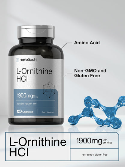 Side view of Horbäach L Ornithine HCl 120 capsules bottle showing non GMO and gluten free certifications