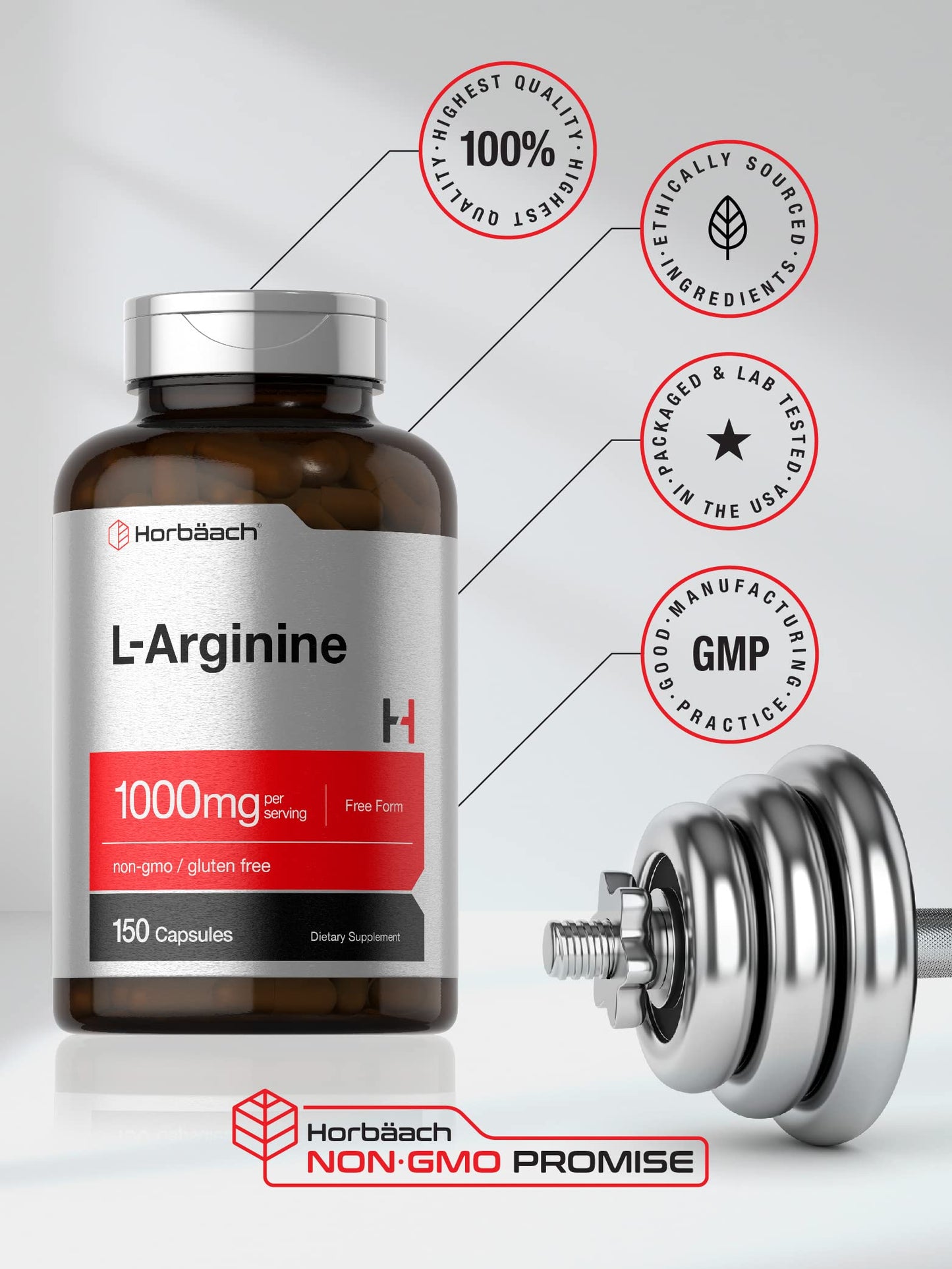 Horbäach L Arginine 1000mg bottle size comparison and capsule count validation