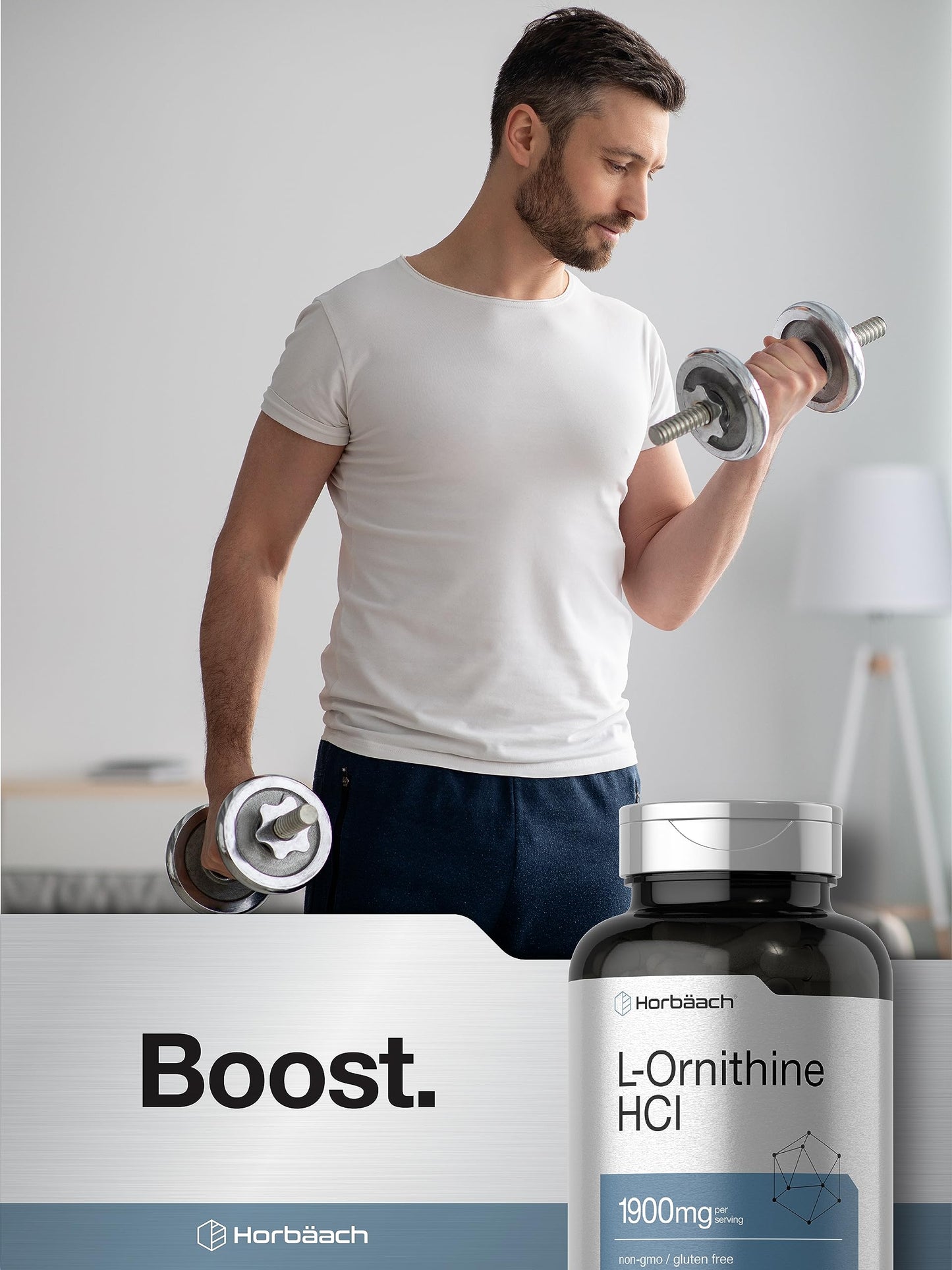 Authentic Horbäach L Ornithine 1900mg dietary supplement product display on clean background