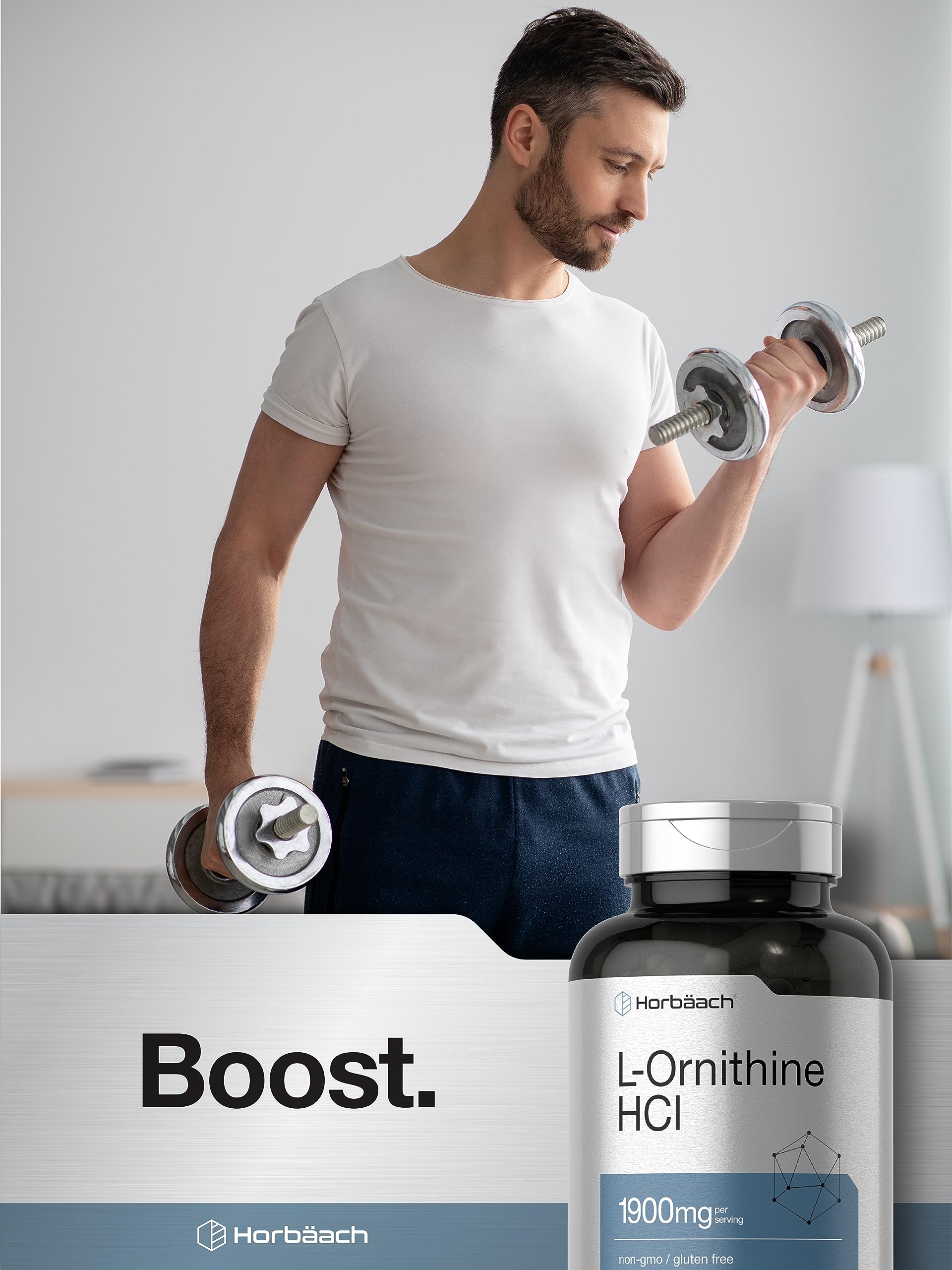 Authentic Horbäach L Ornithine 1900mg dietary supplement product display on clean background
