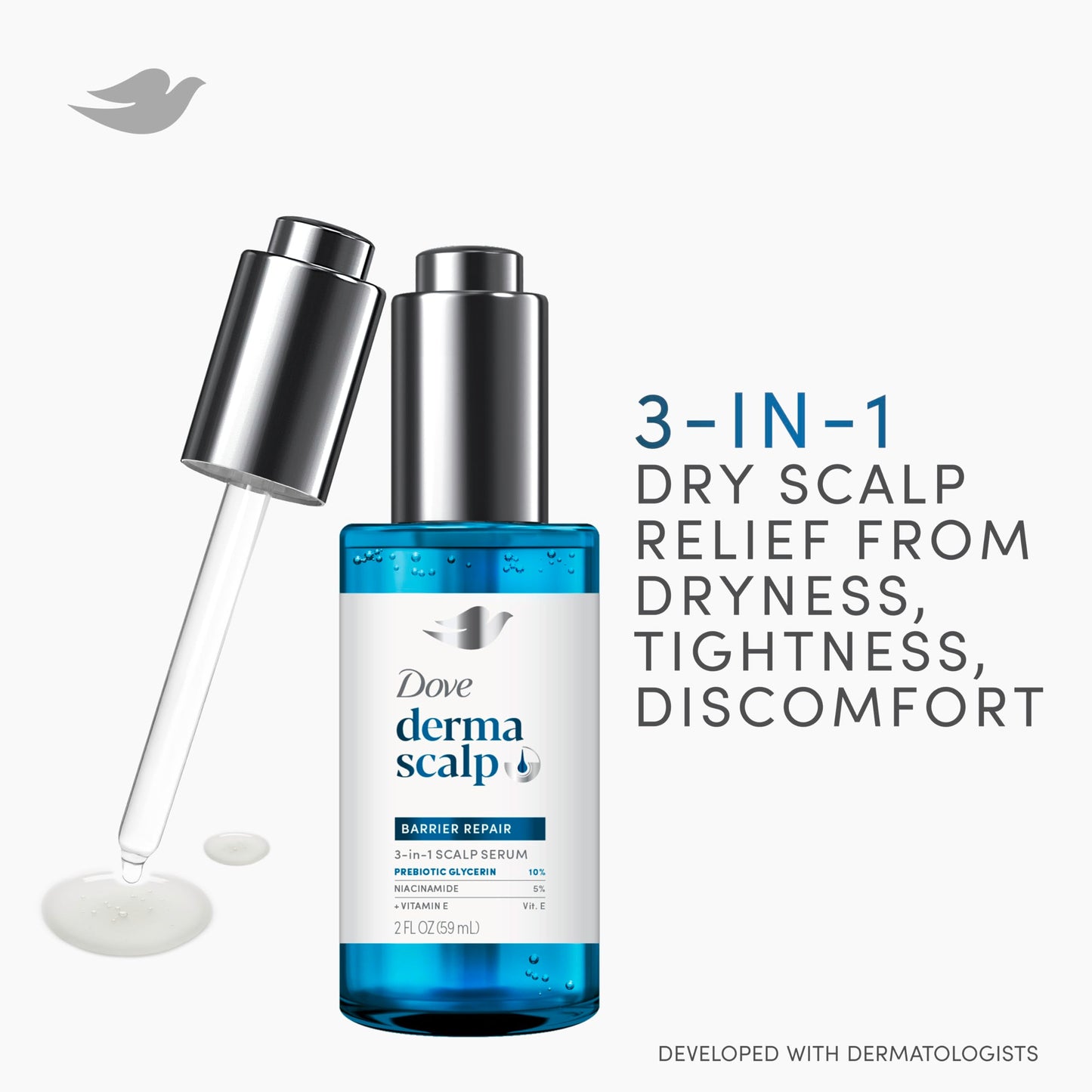 Close up of Dove Derma Scalp barrier repair serum ingredients label