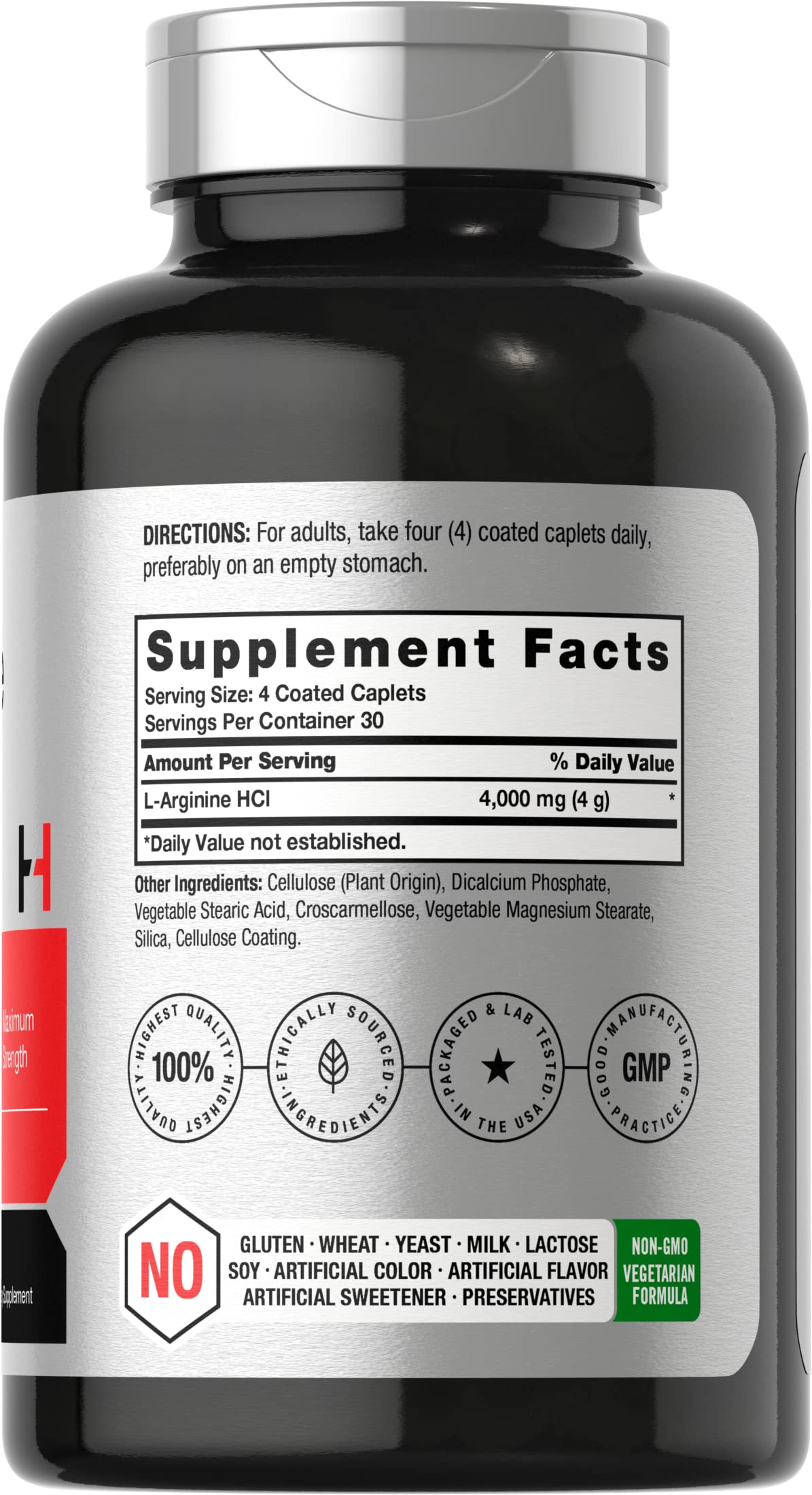 Horbäach L Arginine HCL 4000mg 120 caplets side view panel displaying the complete supplement facts and clean ingredient list