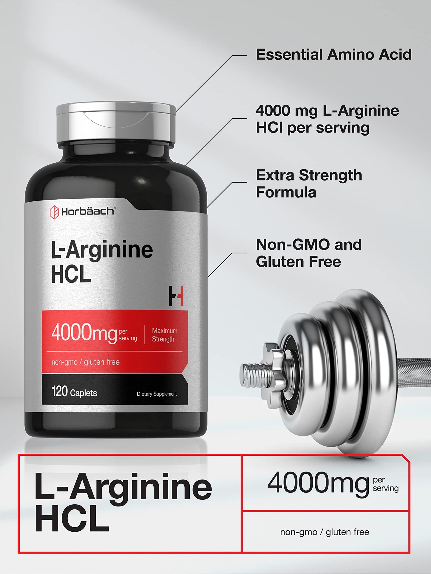 Horbäach L Arginine HCL 4000mg 120 caplets back view showing directions for use and vegetarian gluten free product certifications