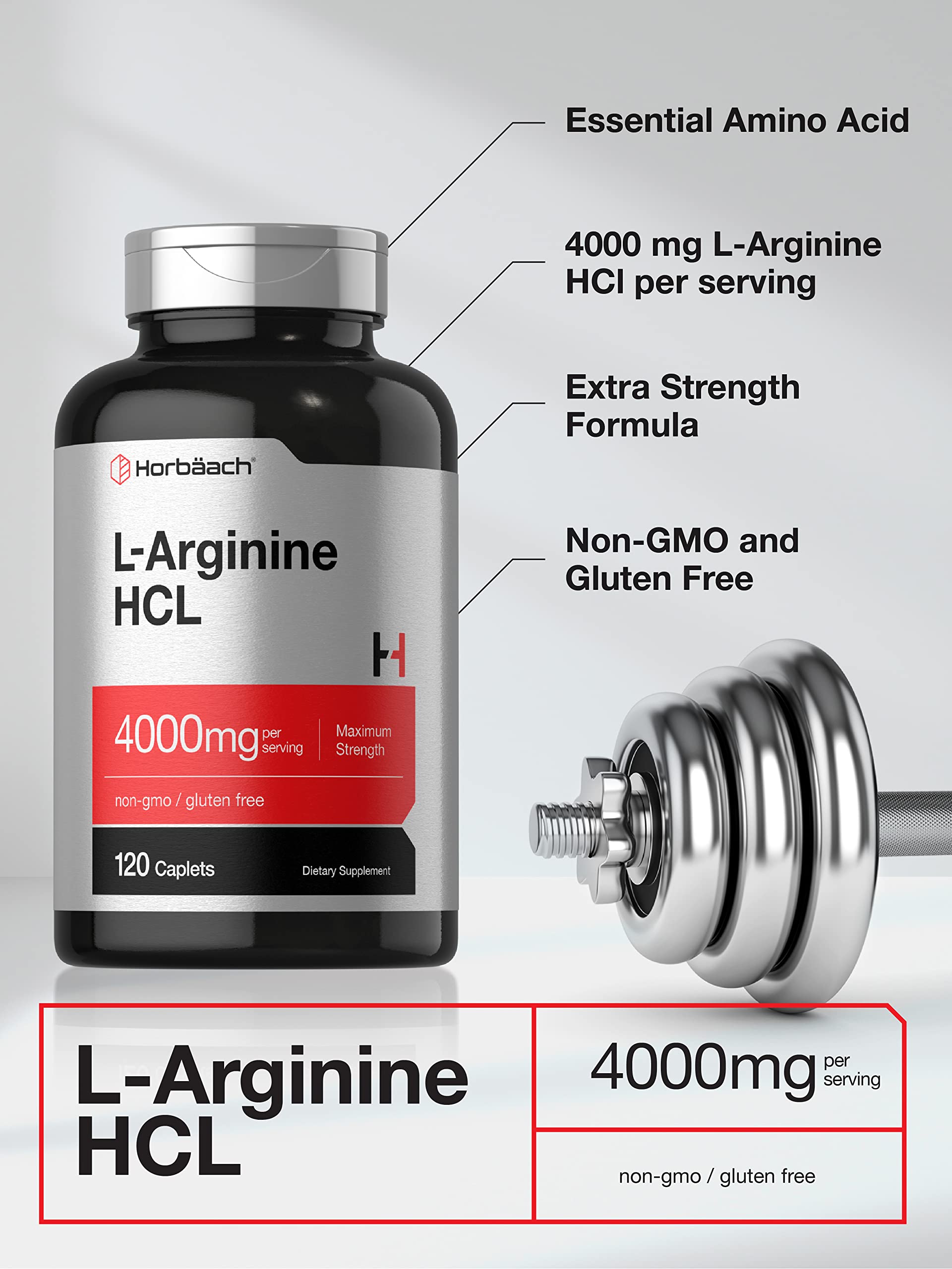 Horbäach L Arginine HCL 4000mg 120 caplets back view showing directions for use and vegetarian gluten free product certifications