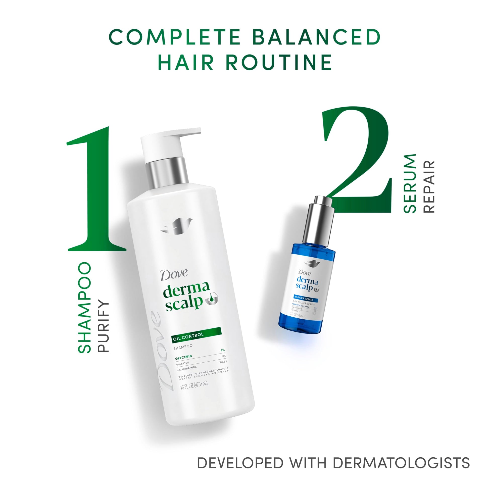 Side view of 2 Fluid Ounce Dove scalp relief serum packaging