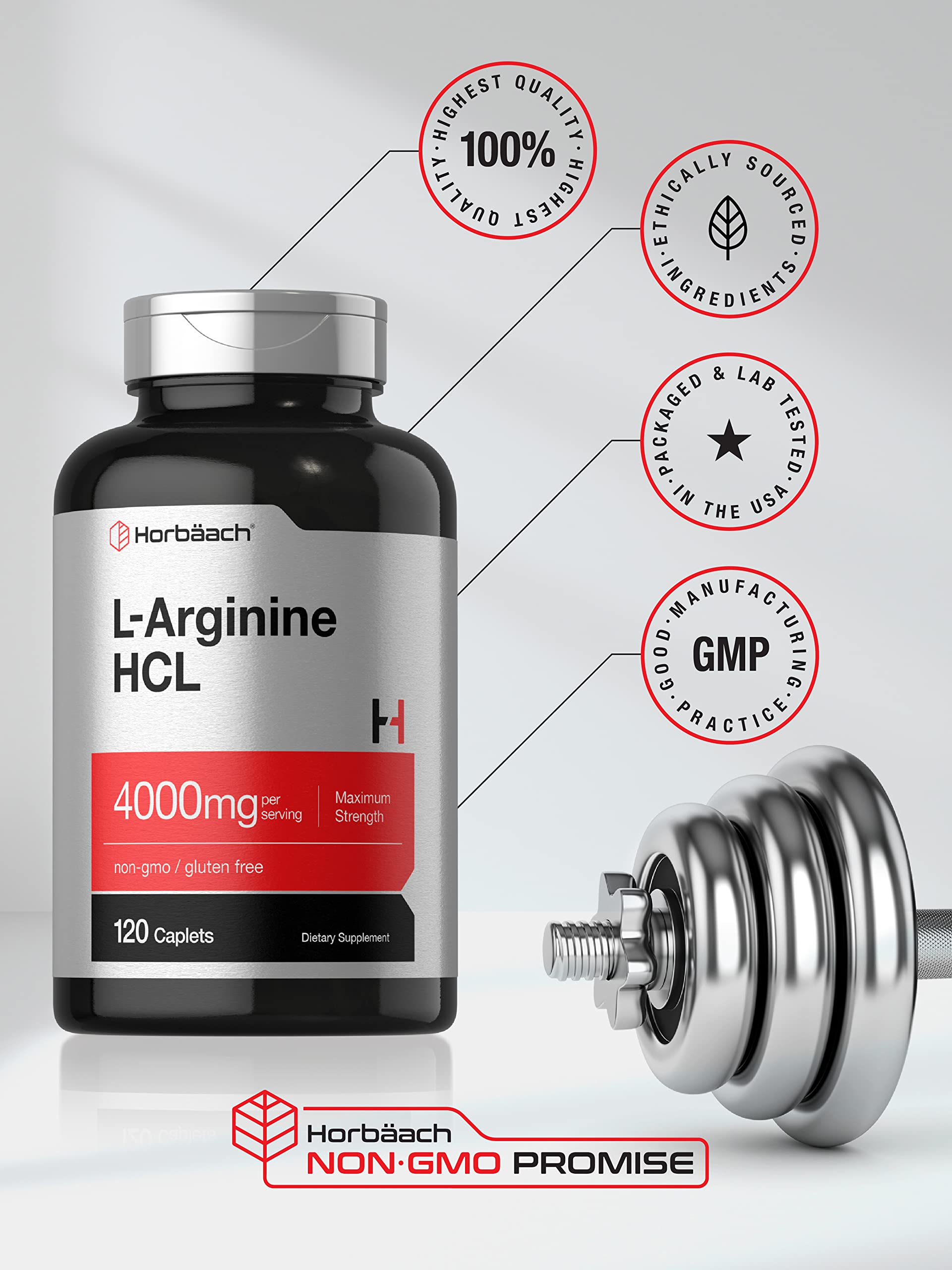 Horbäach L Arginine HCL 4000mg 120 caplets bottle showing authentic imported packaging seal for quality assurance