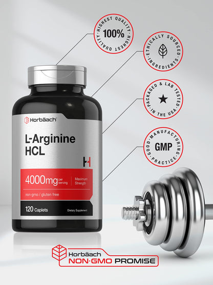 Horbäach L Arginine HCL 4000mg 120 caplets bottle showing authentic imported packaging seal for quality assurance