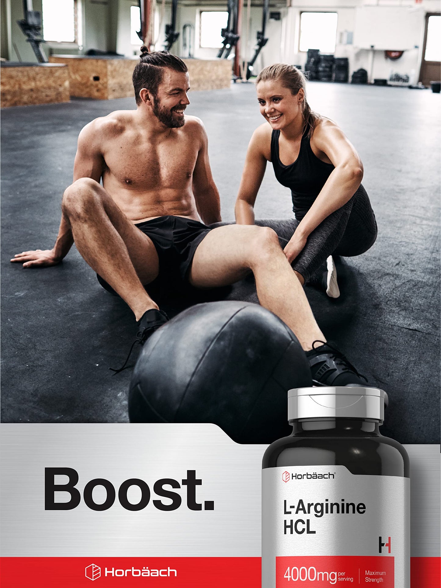 Horbäach L Arginine HCL 4000mg 120 caplets display image showcasing the non GMO and clean formulation badges