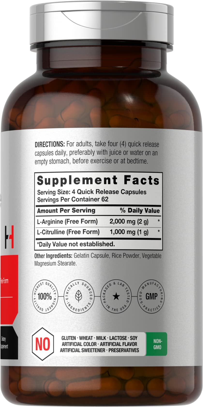 Horbäach amino acid supplement bottle showcasing free form nitric oxide formula