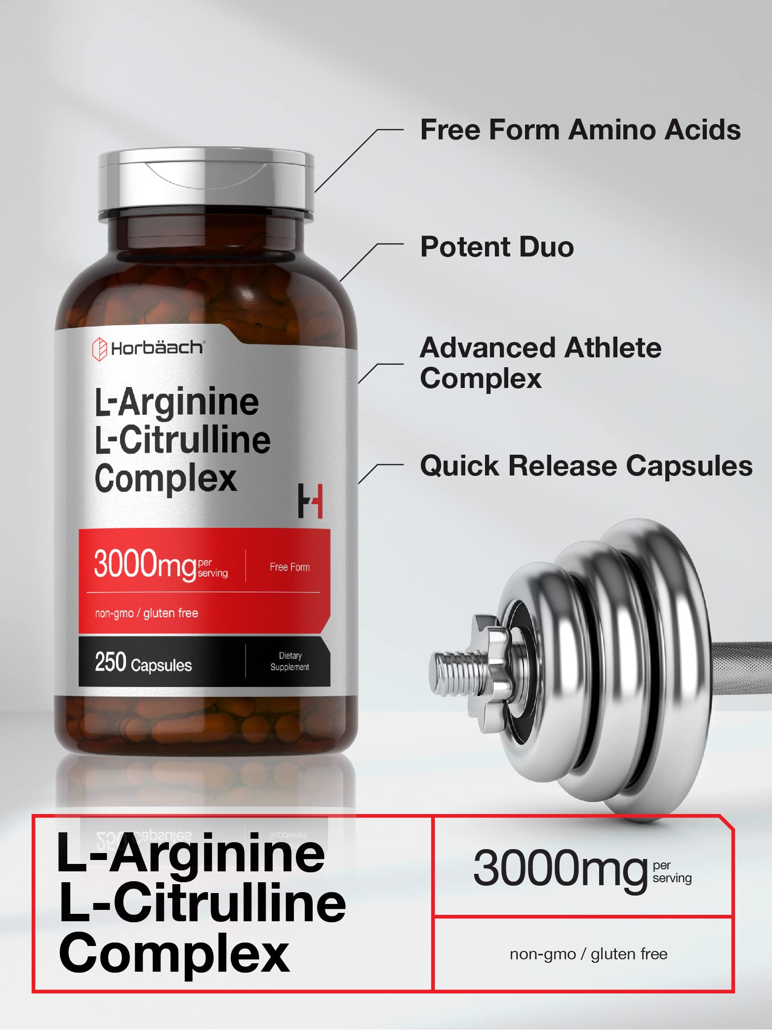 Side label view of Horbäach L Arginine L Citrulline showing supplement facts panel