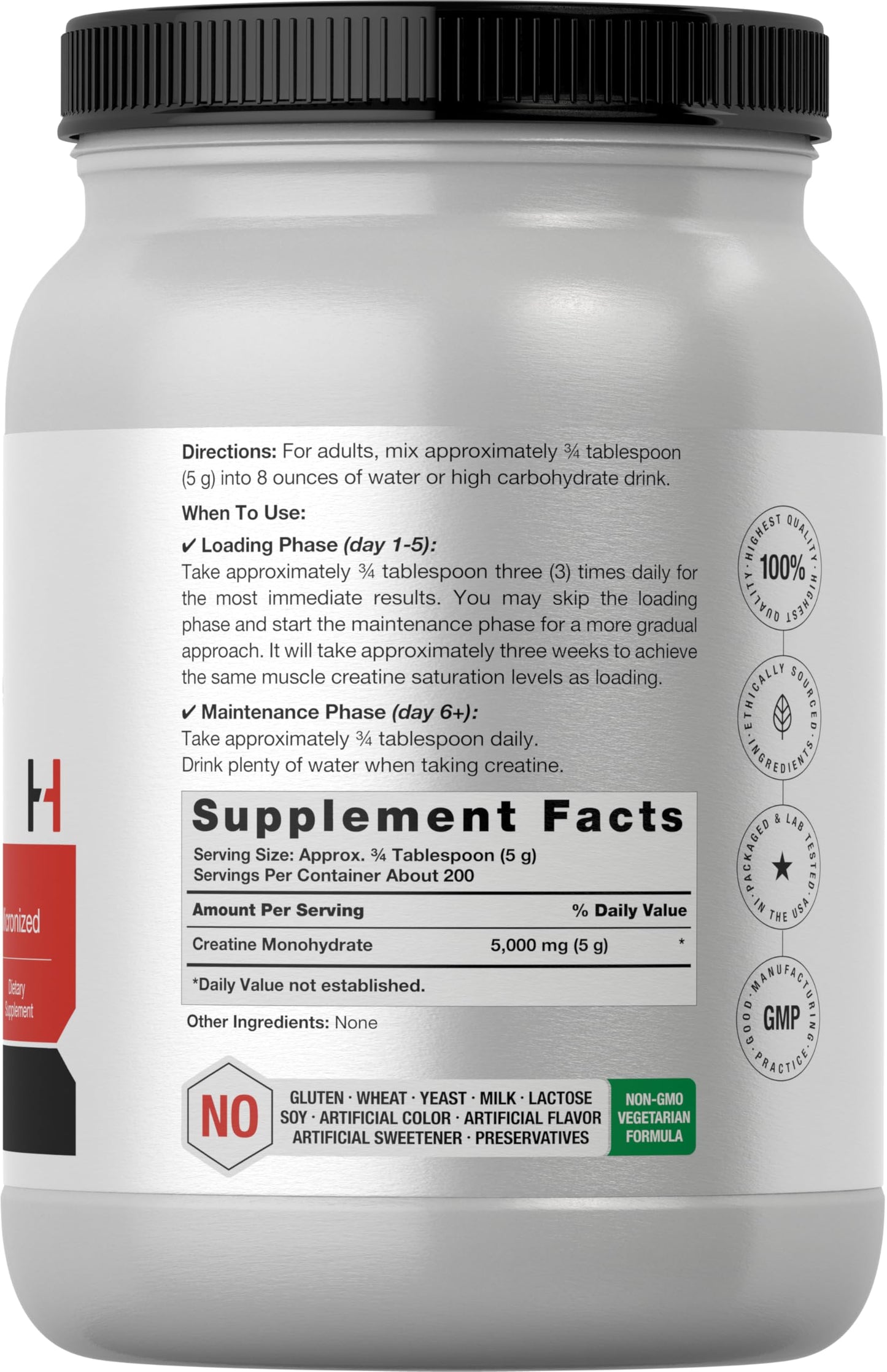 Horbäach Creatine Monohydrate Powder supplement facts label