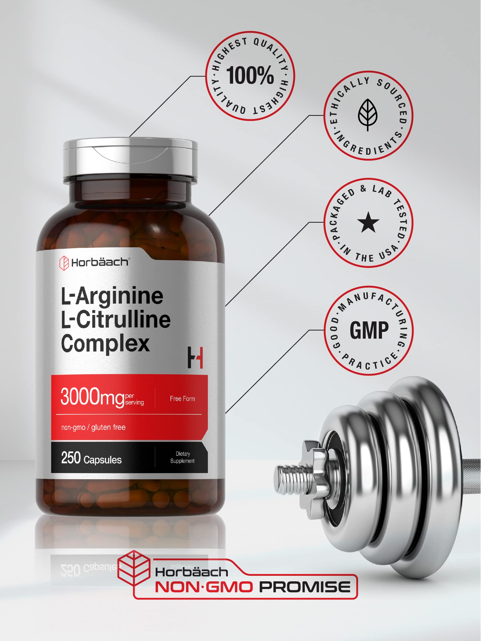 Quick release capsules of Horbäach 3000mg complex displayed next to bottle packaging