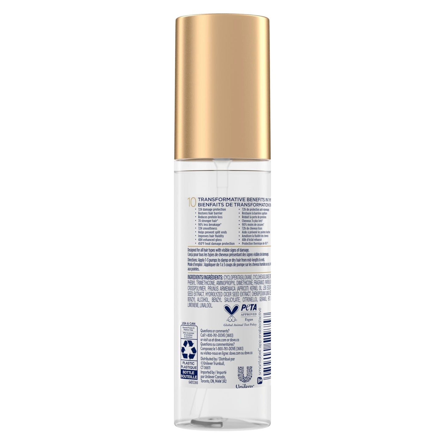 Dove Bio Protein Care 10 in 1 hair serum packaging showing product benefits