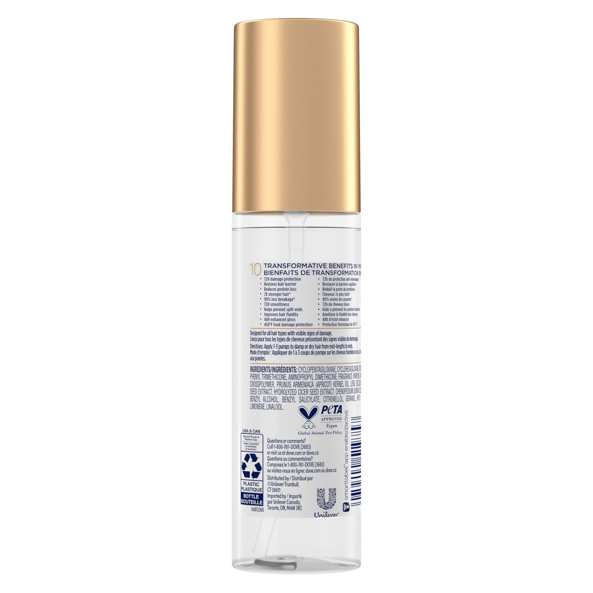 Dove Bio Protein Care 10 in 1 hair serum packaging showing product benefits