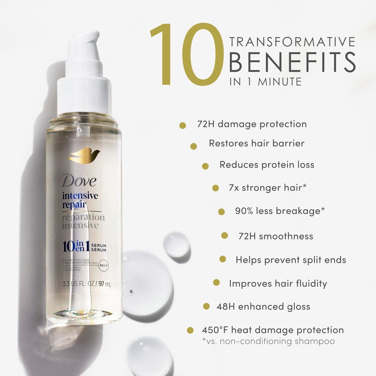 Close up of Dove Damage Therapy bi phase serum bottle with pump applicator