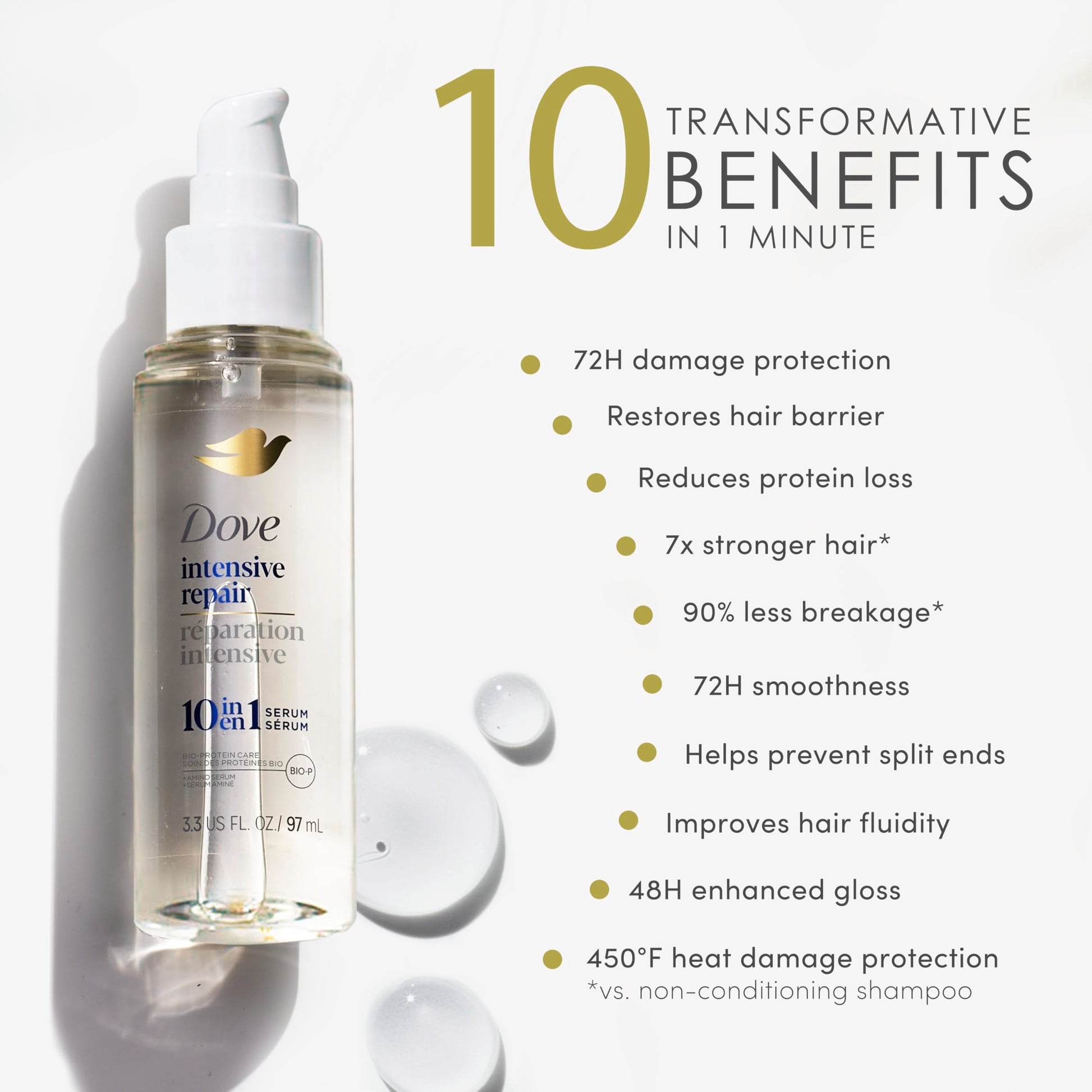 Close up of Dove Damage Therapy bi phase serum bottle with pump applicator