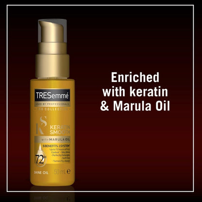 Keratin and marula oil infused hair treatment bottle close up
