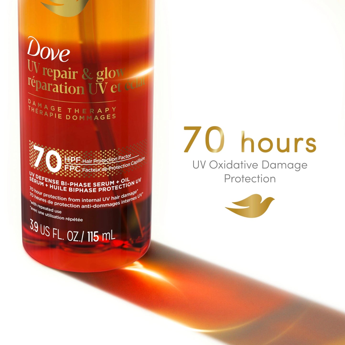 Back label of Dove Damage Therapy hair treatment highlighting instructions and seventy hour protection claim