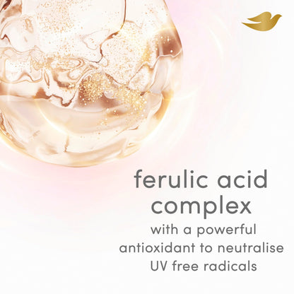 Dove Ferulic Serum infused bi-phase oil treatment pump dispenser close up view