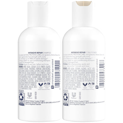 Dove Intensive Repair travel size shampoo and conditioner bottles side by side