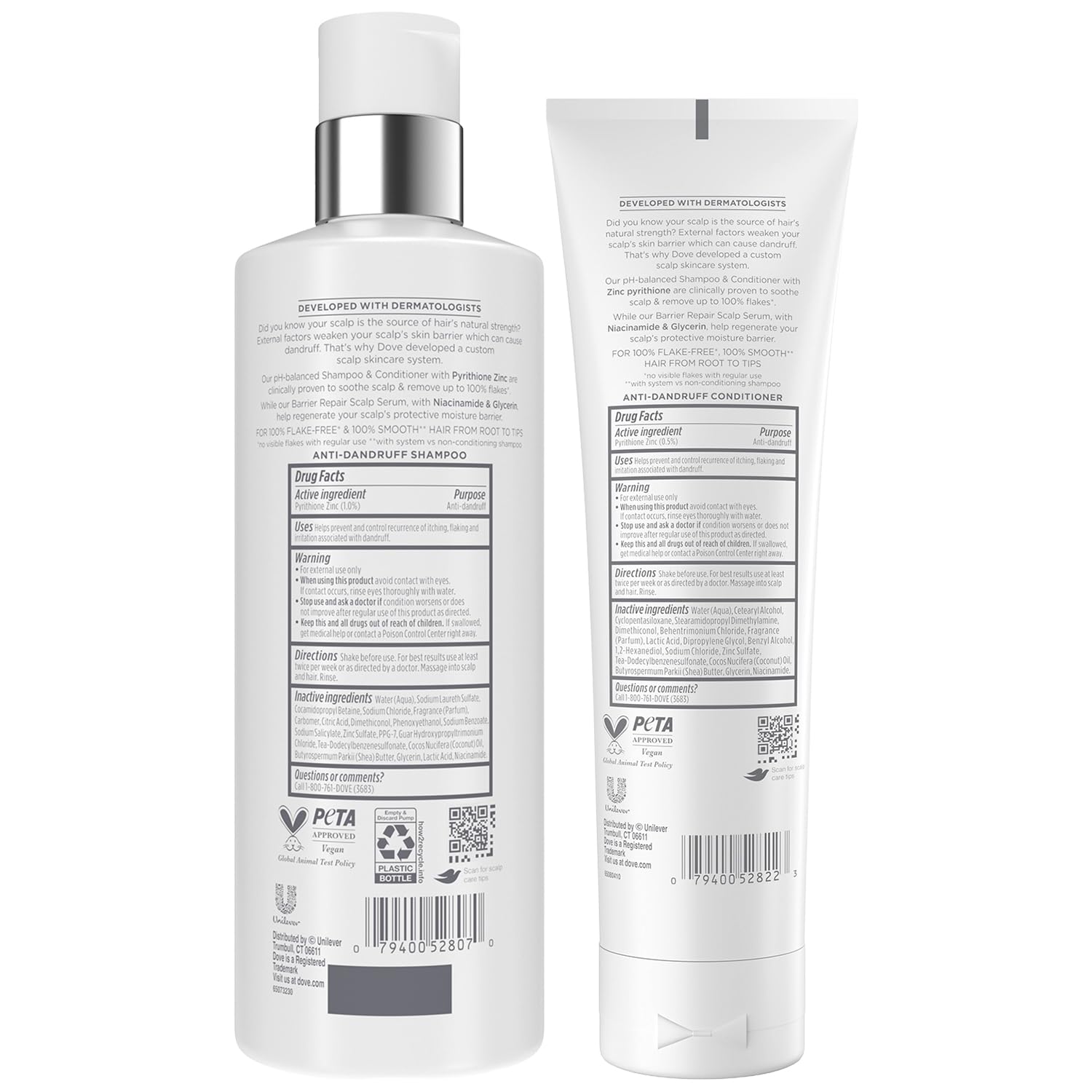 Dove anti dandruff Pyrithione Zinc shampoo and conditioner twin pack bottles
